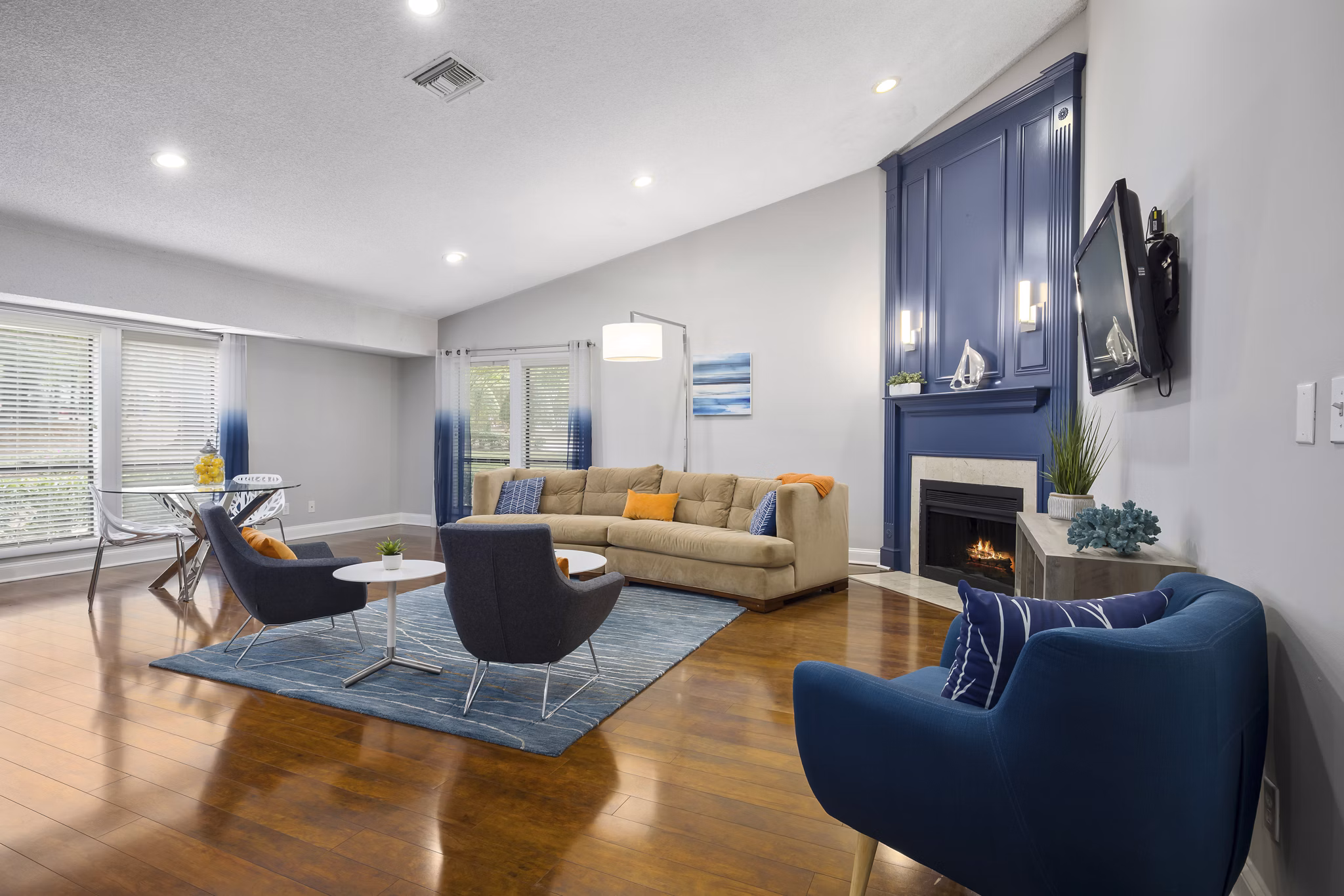 Elegant clubhouse featuring modern decor and seating at Sailboat Bay Apartments