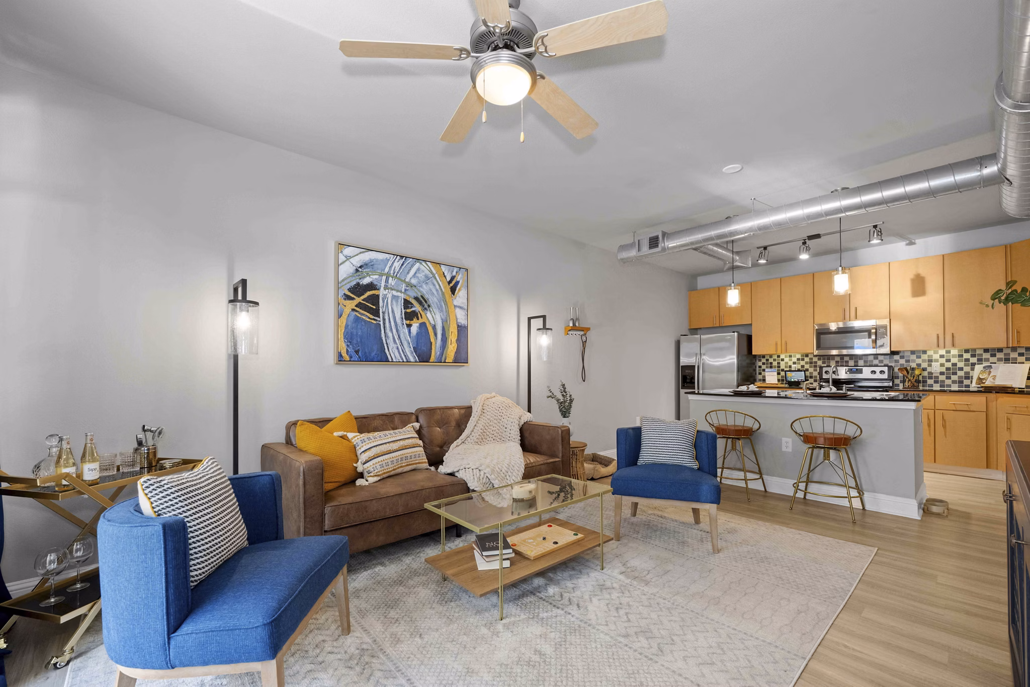 living room at Mosaic South End Apartments