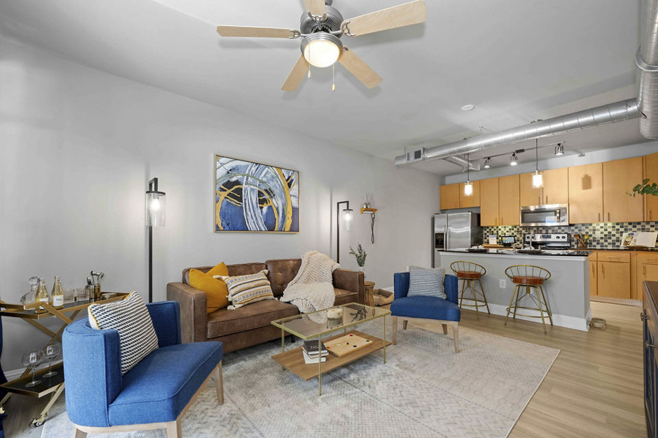 living room at Mosaic South End Apartments