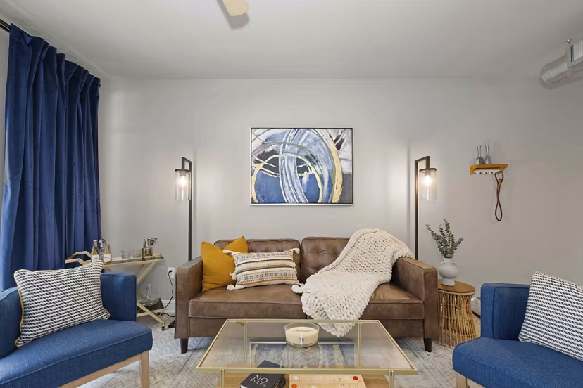 living room at Mosaic South End Apartments