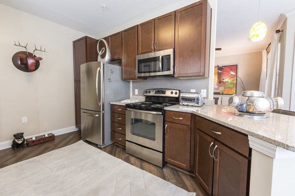 Modern kitchen with stainless steel appliances at Morgan Reserve Apartments