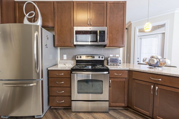 Modern kitchen with stainless steel appliances at Morgan Reserve Apartments offers luxury living in a Greystar community