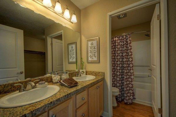 Modern bathroom with sleek fixtures at Canyon Woods Apartments offering luxury living