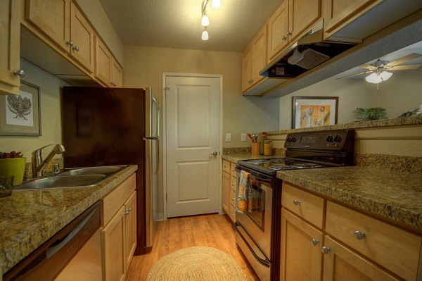 Modern kitchen featuring quartz countertops and stainless steel appliances in Canyon Woods Apartments