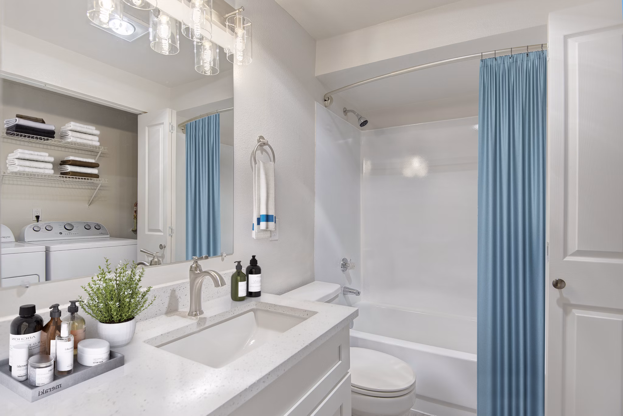 Luxurious bathroom with marble finishes at BluWater Apartments
