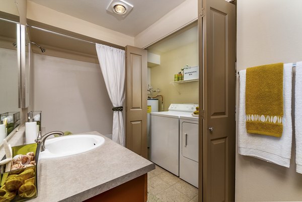 Luxurious bathroom featuring a spacious vanity and elegant fixtures at BluWater Apartments, a Greystar luxury property