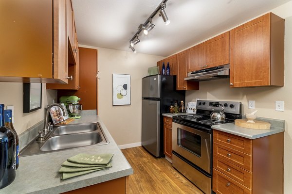 Modern kitchen with stainless steel appliances at BluWater Apartments
