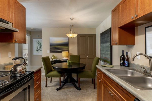 Modern kitchen with stainless steel appliances in BluWater Apartments