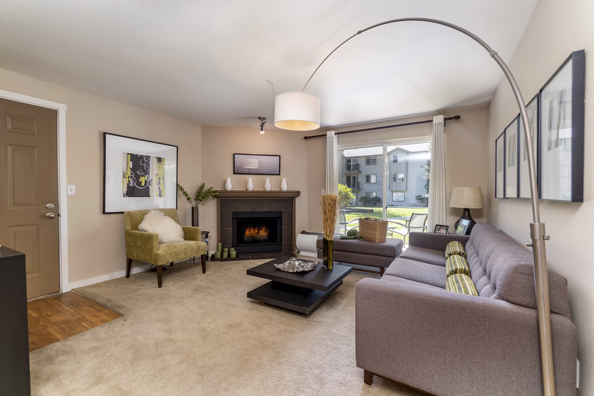 Spacious living room with modern decor at BluWater Apartments