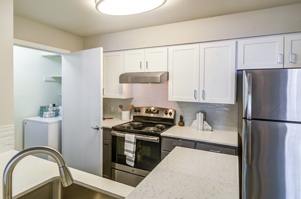 Modern kitchen with stainless steel appliances and granite countertops at Arya at Hedges Creek Apartments