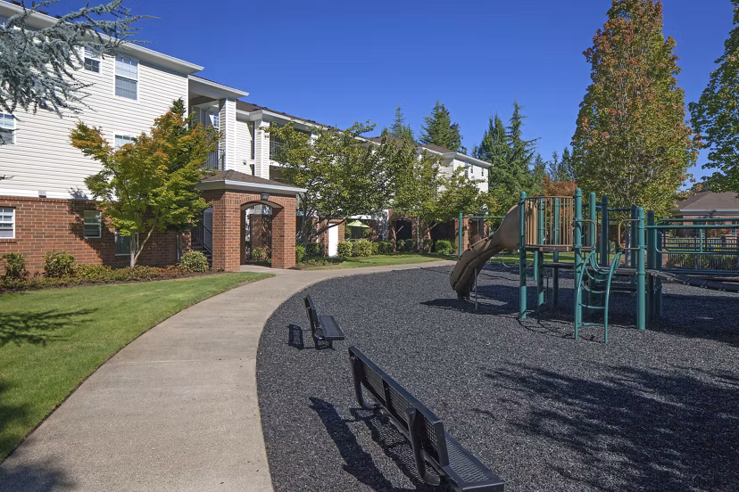 Children's playground with slides and swings at Arya at Hedges Creek Apartments, offering family-friendly amenities in a vibrant community setting