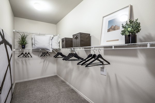 Bedroom closet with modern shelving and ample storage in Allure Apartments luxury property