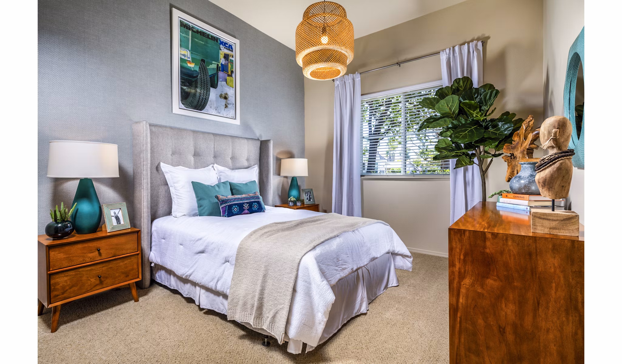 Elegant bedroom with modern decor at Allure Apartments, part of Greystar luxury apartments collection