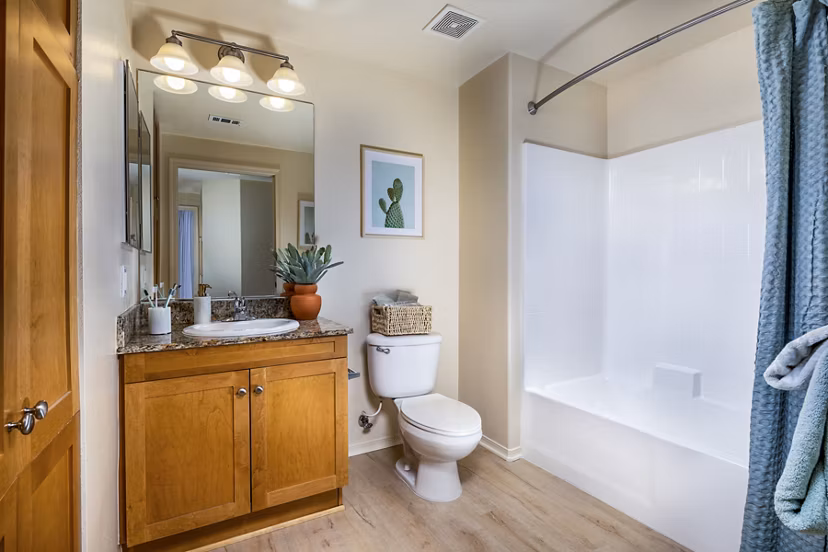 Luxurious bathroom featuring marble countertops and modern fixtures at Allure Apartments, a Greystar luxury property