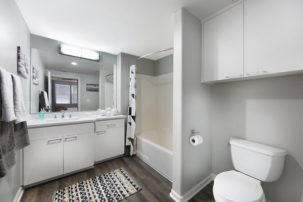 Contemporary bathroom with sleek fixtures at Avana on Wilshire Apartments