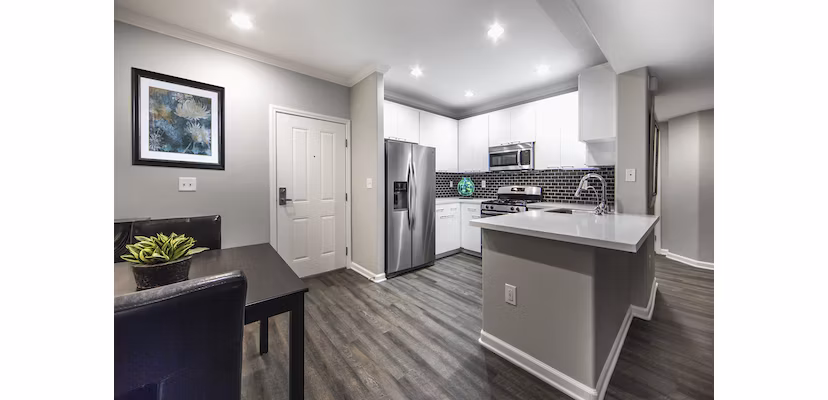Modern kitchen with stainless steel appliances at Avana on Wilshire Apartments, offering luxury living in Los Angeles
