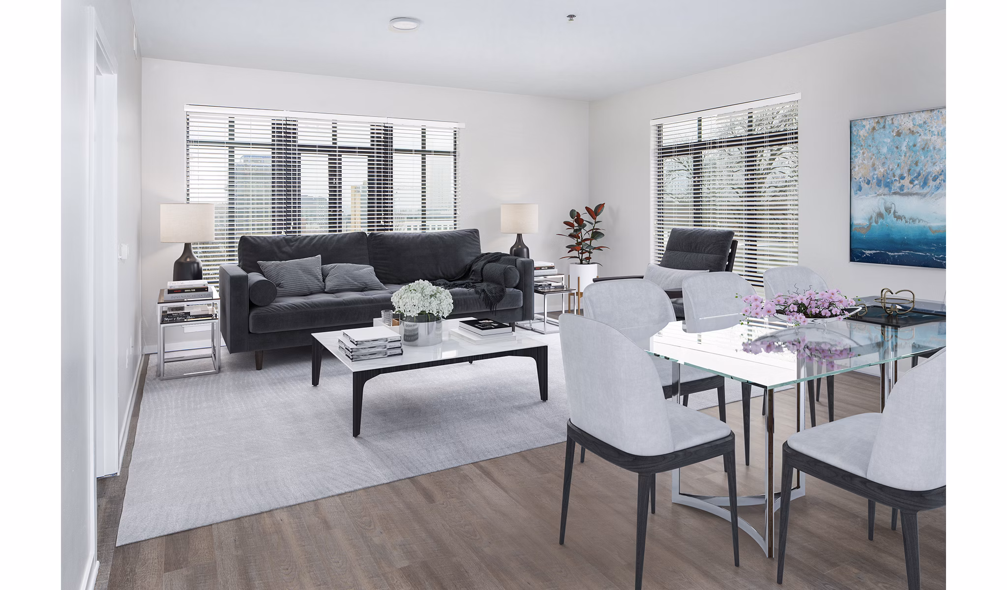Dining room with modern decor and natural light at Park 19 Apartments, a luxury living space in the heart of the city