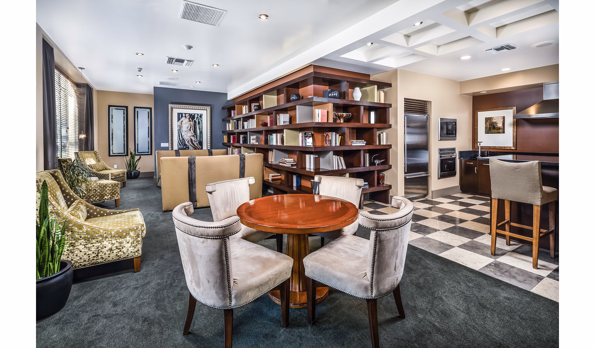 Clubhouse with modern design and cozy seating at Trio Apartments in Greystar luxury community