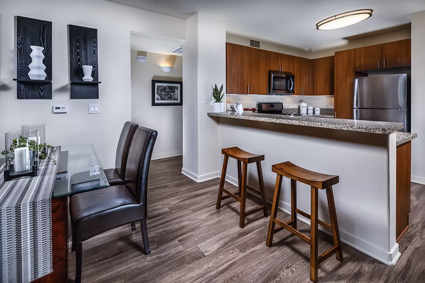 Dining room featuring elegant modern decor at Trio Apartments in downtown Seattle