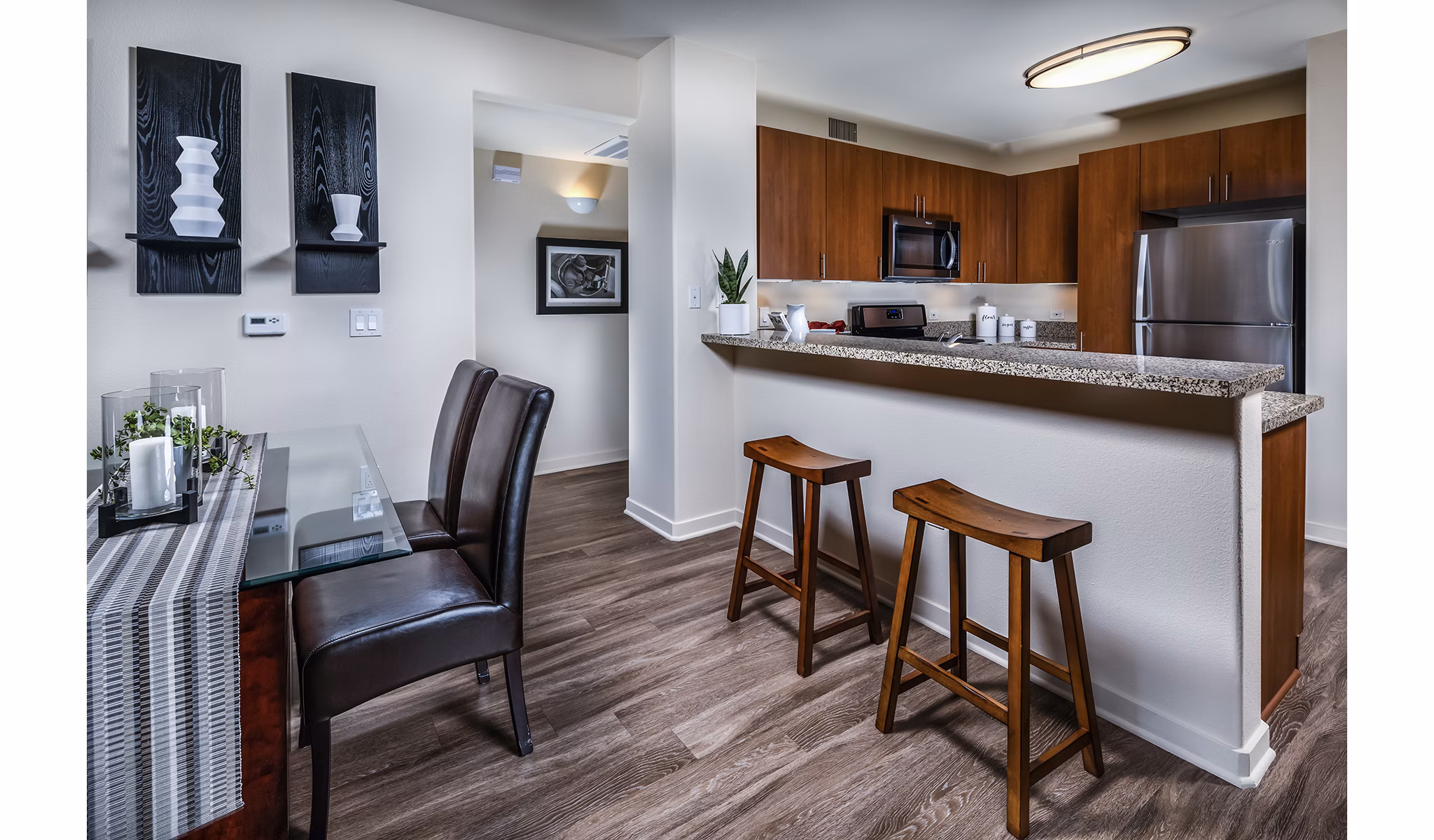 Dining room featuring elegant modern decor at Trio Apartments in downtown Seattle