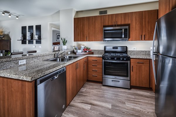 Modern kitchen with sleek countertops and stainless steel appliances in Trio Apartments