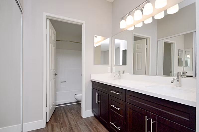Modern bathroom with sleek fixtures at Westcreek Apartments, luxury living by Greystar