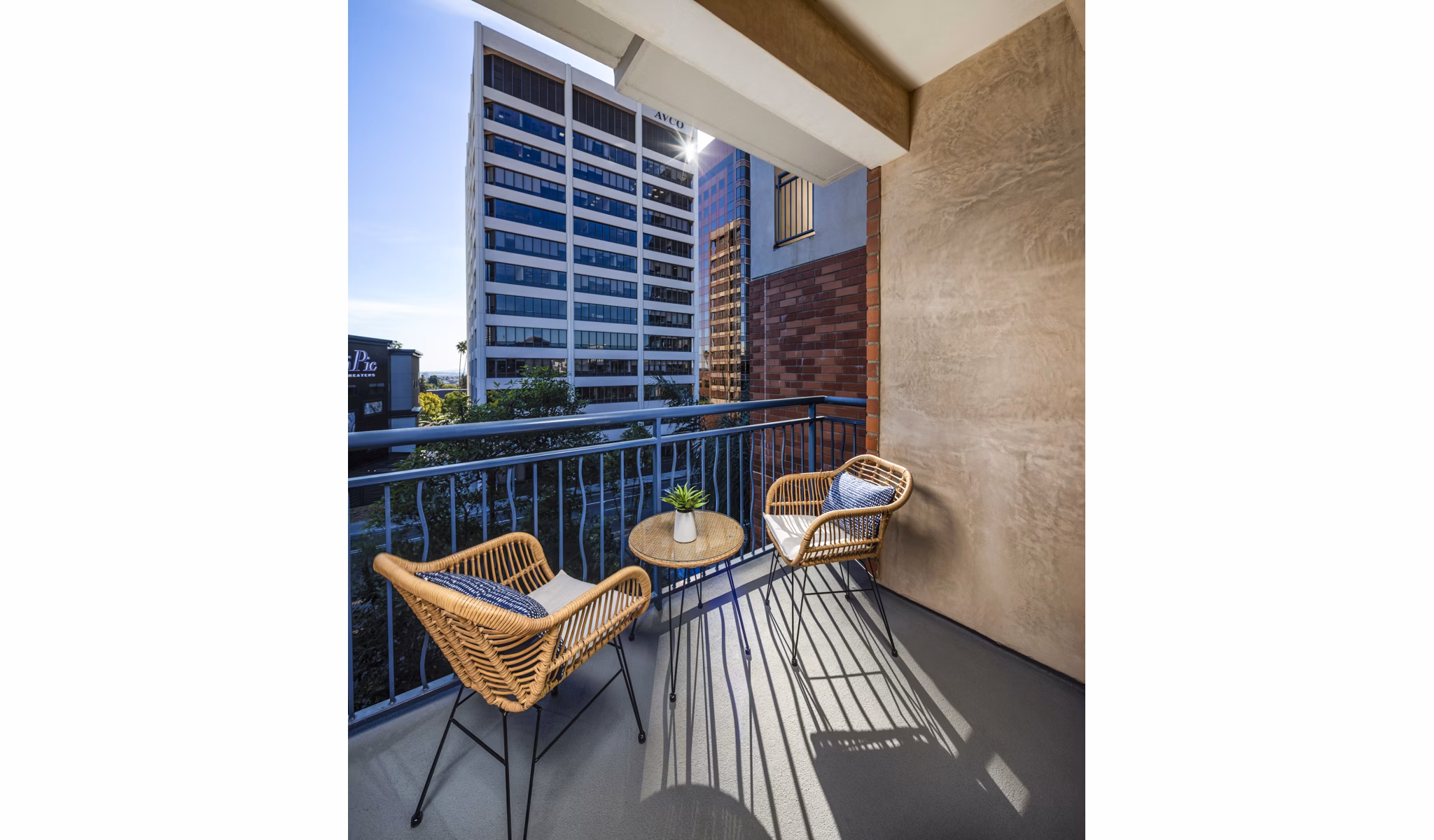 Private balcony with city views at Legacy at Westwood Apartments, offering luxury living spaces in a prime location