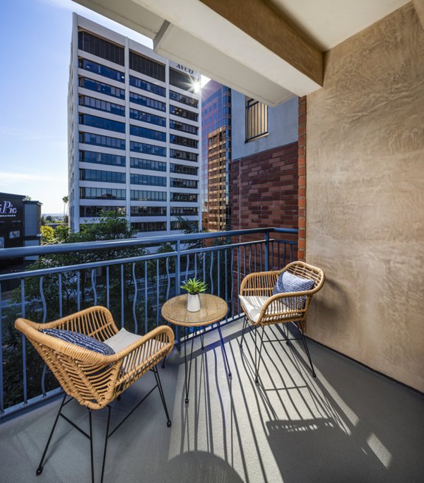 Private balcony with city views at Legacy at Westwood Apartments, offering luxury living spaces in a prime location
