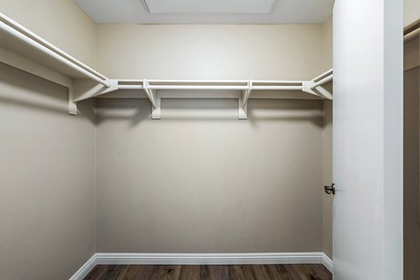 Walk-in bedroom closet with ample storage in Rolling Hills Gardens Apartments, luxury living experience by Greystar