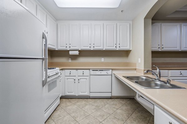 Clubhouse kitchen featuring stainless steel appliances and granite countertops at Rolling Hills Gardens Apartments, luxury living by Greystar