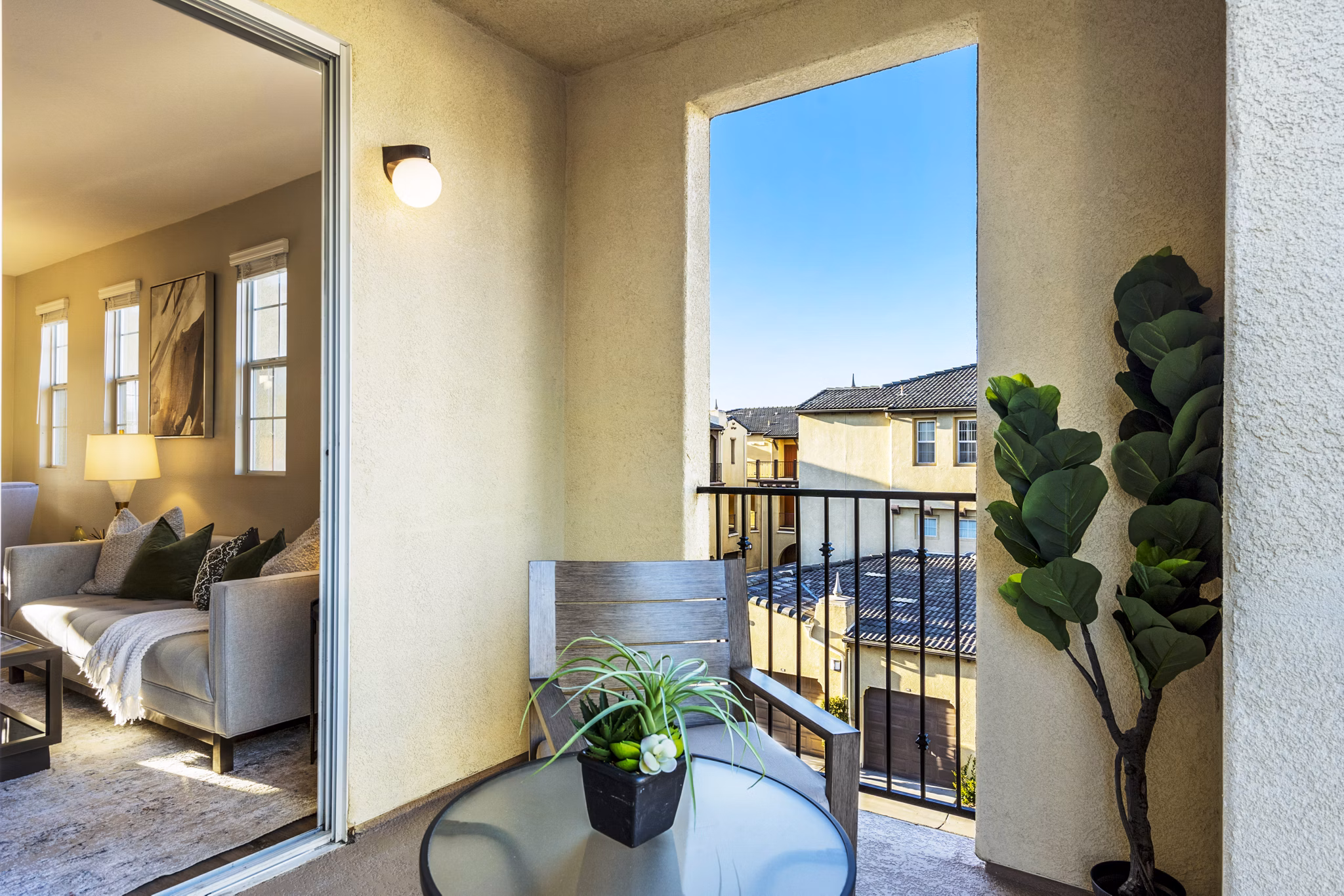 Private patio with scenic views at Rolling Hills Gardens Apartments