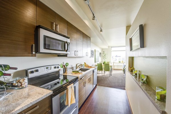Modern kitchen with stainless steel appliances at Link Apartments, designed for luxury and comfort in a contemporary living space