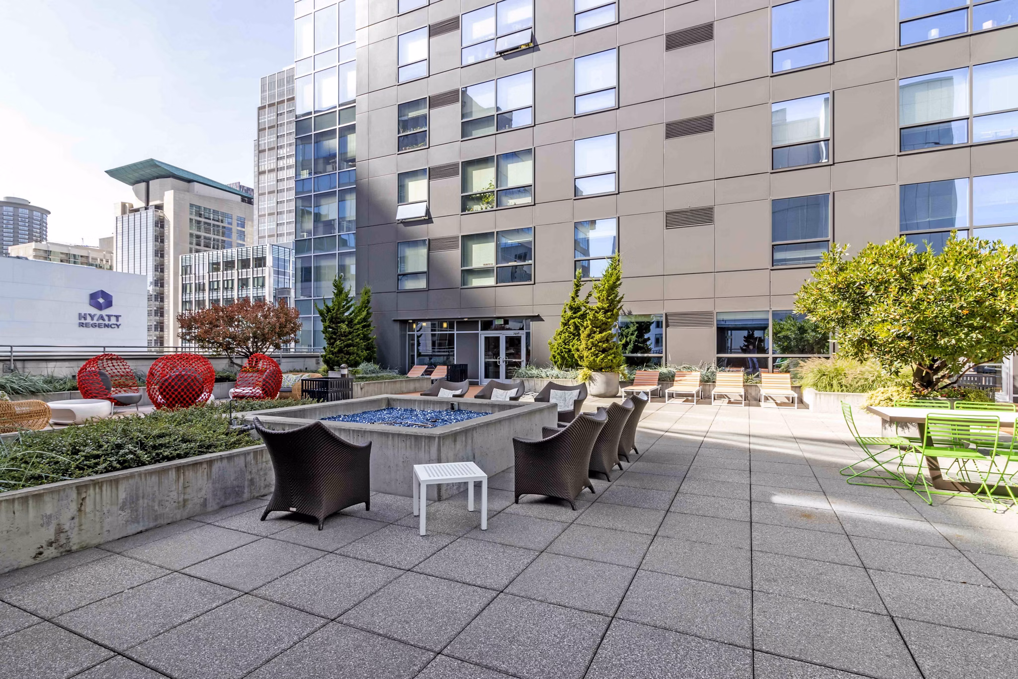 Patio area with modern furniture at Aspira Apartments, a Greystar managed luxury community in the heart of the city