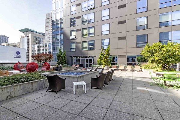Patio area with modern furniture at Aspira Apartments, a Greystar managed luxury community in the heart of the city