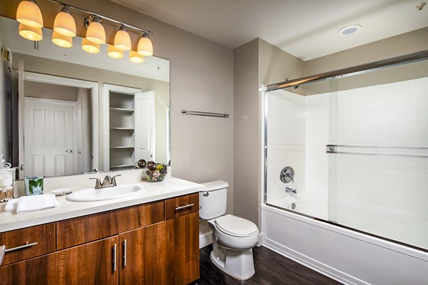 Modern bathroom with sleek fixtures at Avila at Rancho Santa Margarita Apartments, featuring elegant design and ample lighting