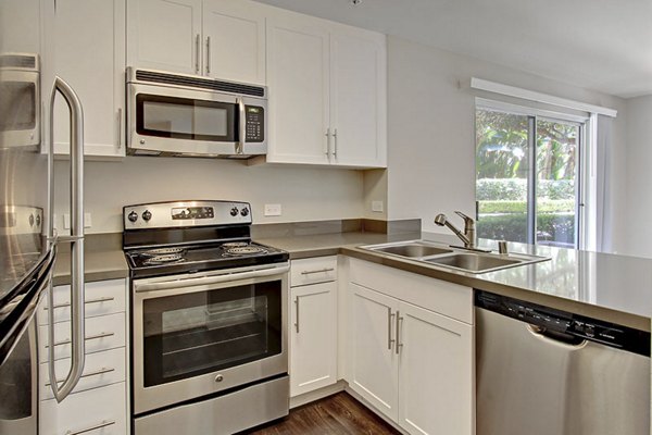 Contemporary kitchen with sleek countertops and stainless steel appliances at Holly Street Village Apartments