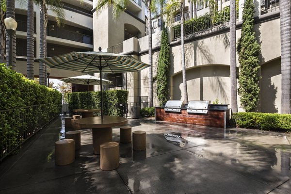 Holly Street Village Apartments: Modern grill area with seating and lush greenery, perfect for outdoor gatherings