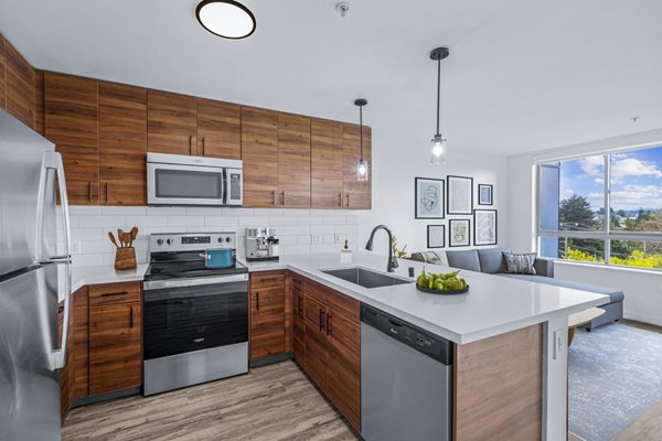 Kitchen featuring modern appliances and sleek countertops at The Station at Othello Park Apartments
