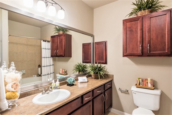 Modern bathroom with sleek finishes at Deseo at Grand Mission Apartments, luxury living with premium features in prime location