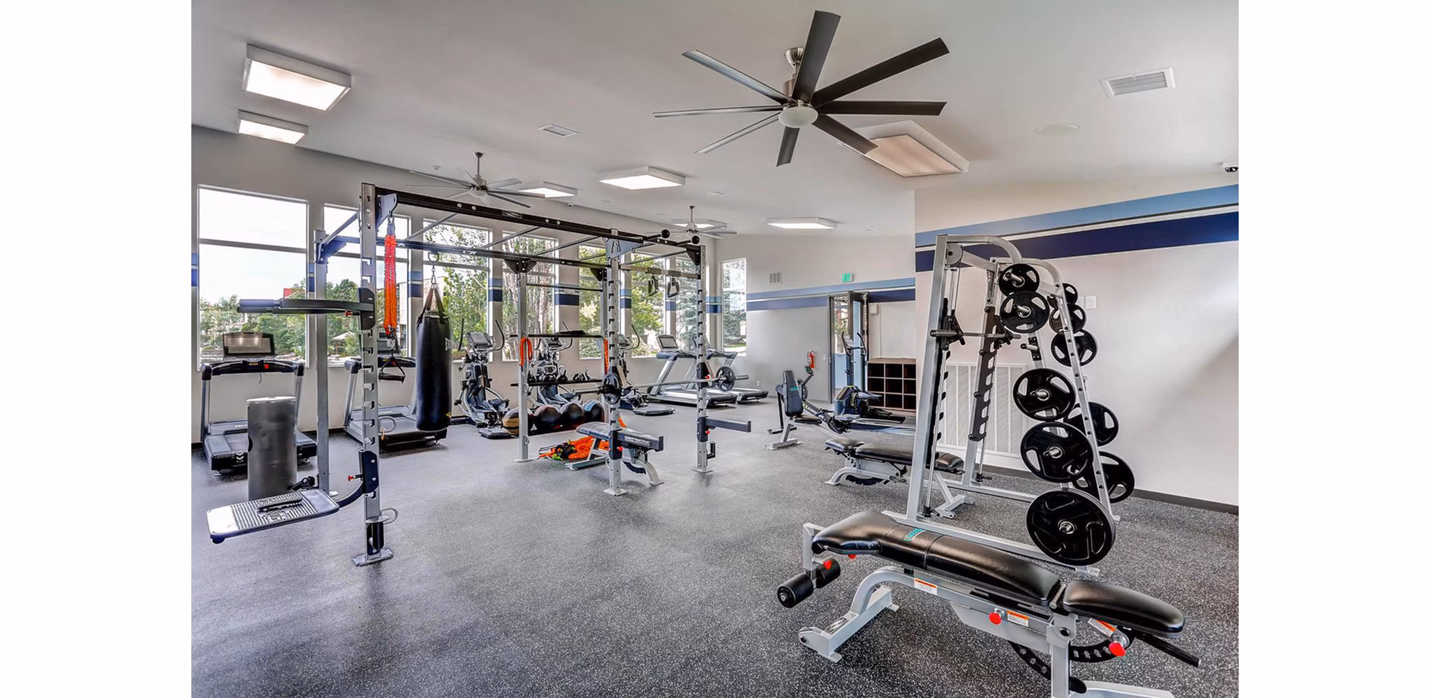 fitness center at Lakeview Towers at Belmar Apartments 