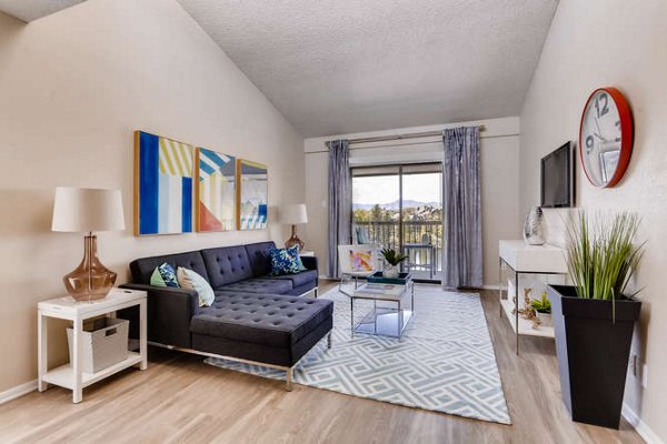 living room at Lakeview Towers at Belmar Apartments