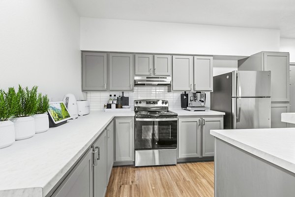 Spacious kitchen with modern appliances at Big Trout Lodge Apartments