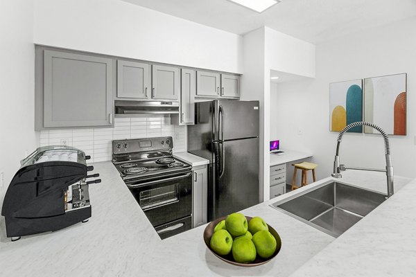 Modern kitchen with stainless steel appliances at Big Trout Lodge Apartments