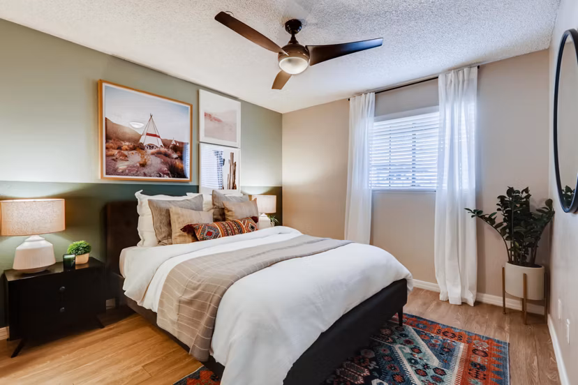 Cozy bedroom with contemporary design at Chazal Scottsdale Apartments