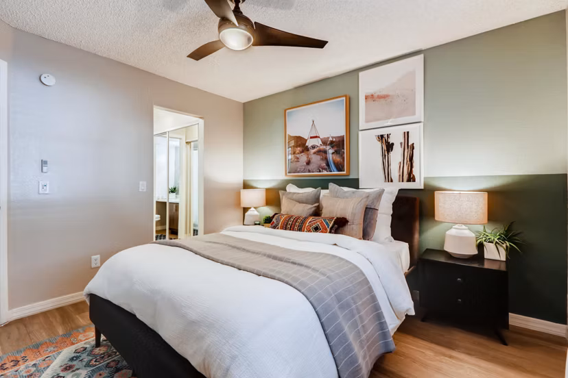Cozy bedroom with modern decor at Chazal Scottsdale Apartments