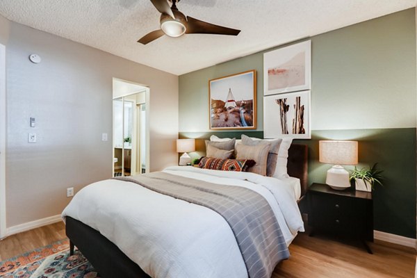 Cozy bedroom with modern decor at Chazal Scottsdale Apartments