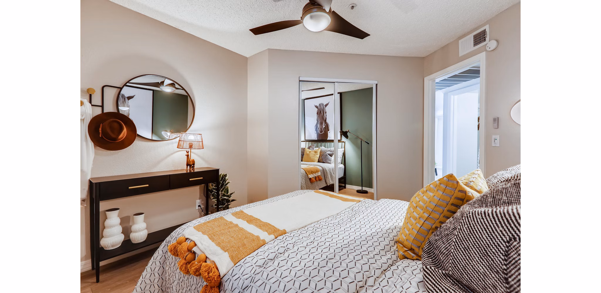 Spacious bedroom with modern decor at Chazal Scottsdale Apartments