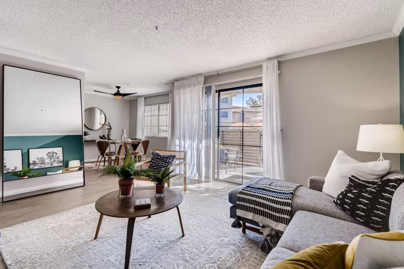 Spacious living room with modern decor at Chazal Scottsdale Apartments in Scottsdale