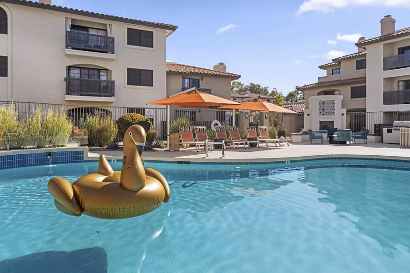 Modern pool with sun loungers at Chazal Scottsdale Apartments, offering luxurious relaxation in a vibrant community setting