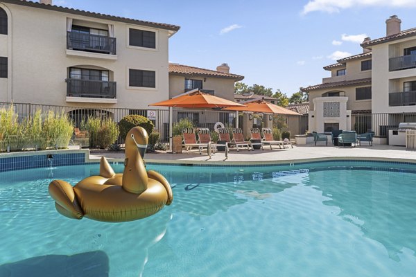 Modern pool with sun loungers at Chazal Scottsdale Apartments, offering luxurious relaxation in a vibrant community setting